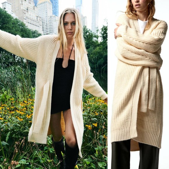 NEW Zara Long Wrap Front Sweater Cozy Warm Knit Oversize Cardigan Butter Cream M - Picture 2 of 8